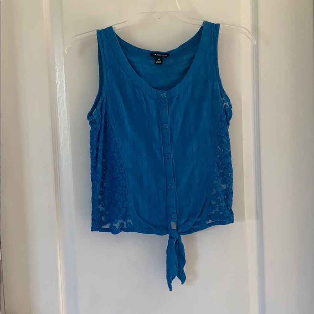 Blue tie up tank with sheer flower side details